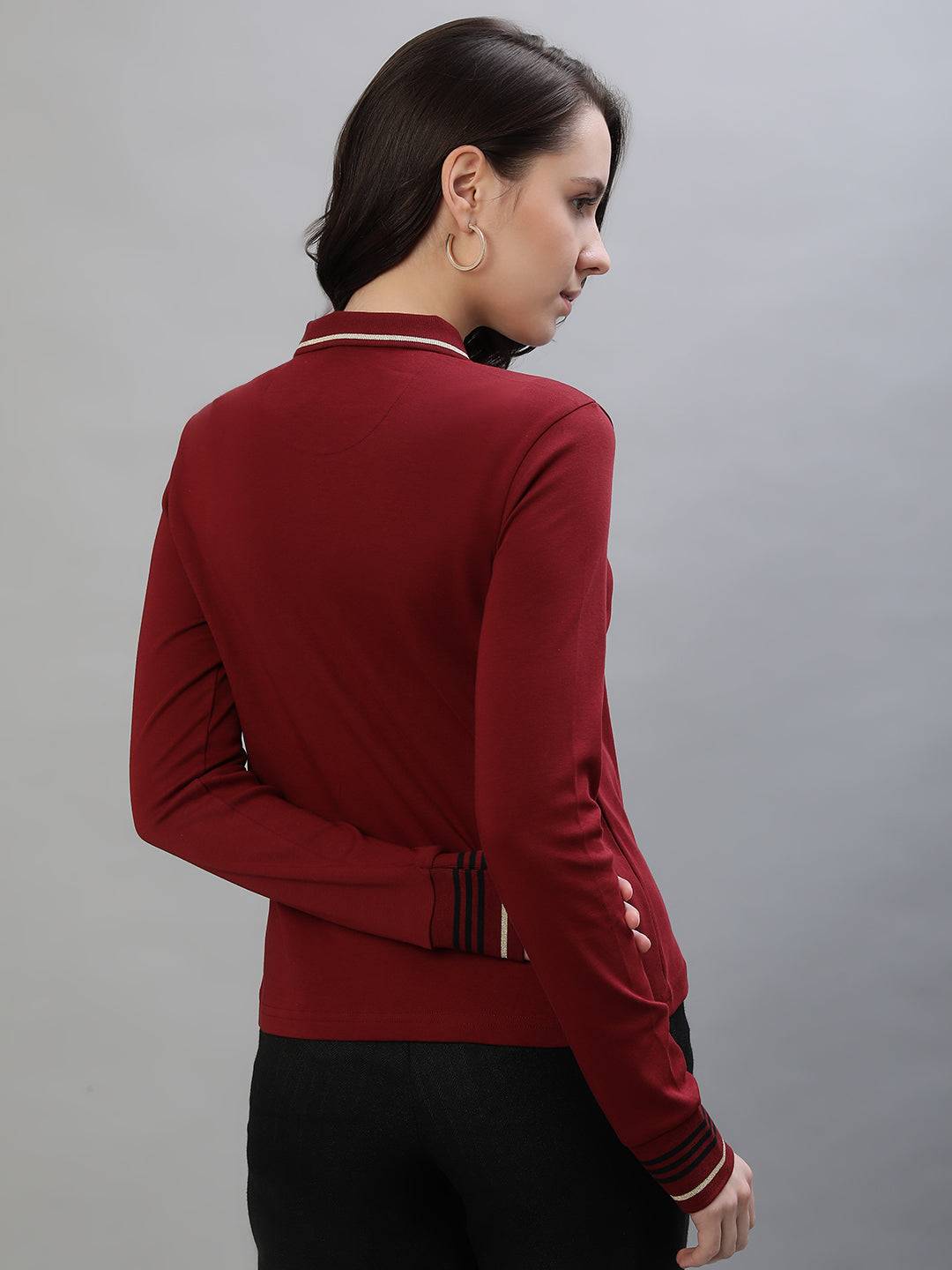 Iconic Women Red Solid Polo Collar Full Sleeves Tshirt