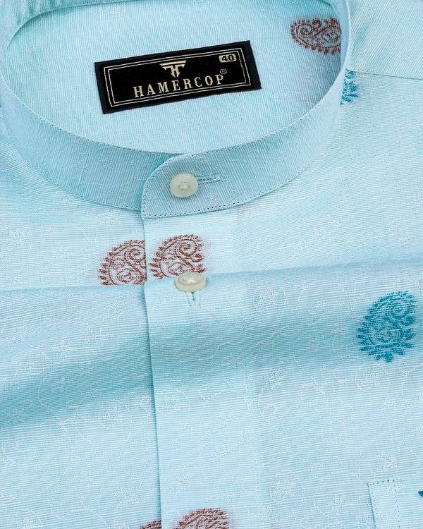 Light Cyan Blue Jacquard Paisley Premium Cotton Shirt