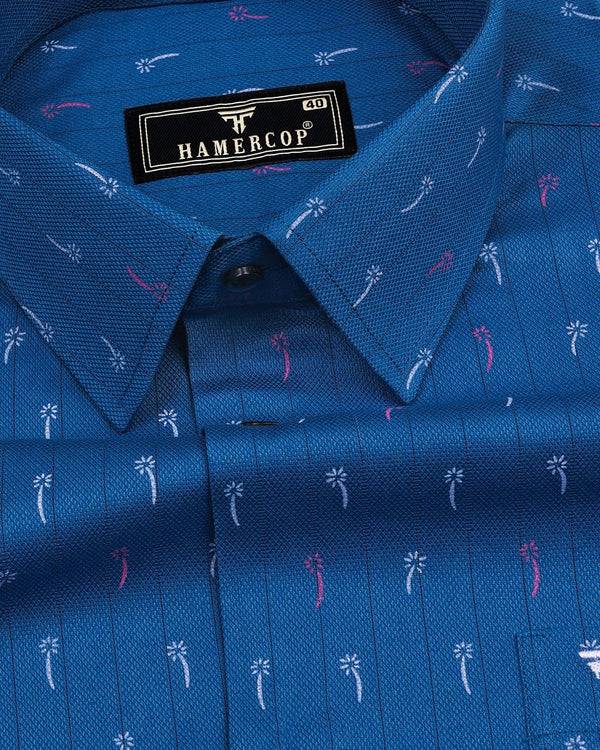 Froyo Blue Flower Printed Self Stripe Dobby Cotton Shirt