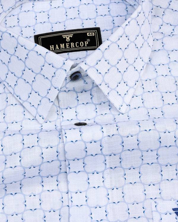 Rewa Blue With White Printed Amsler Linen Cotton Shirt