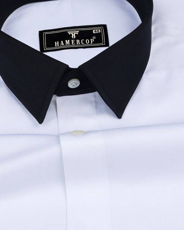 Satin White With Black Cuff And Collar Designer Cotton Shirt