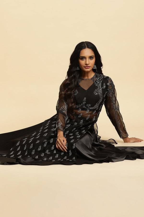 Black Zari Embroidered Sheer Straight Kurta and Skirt Set