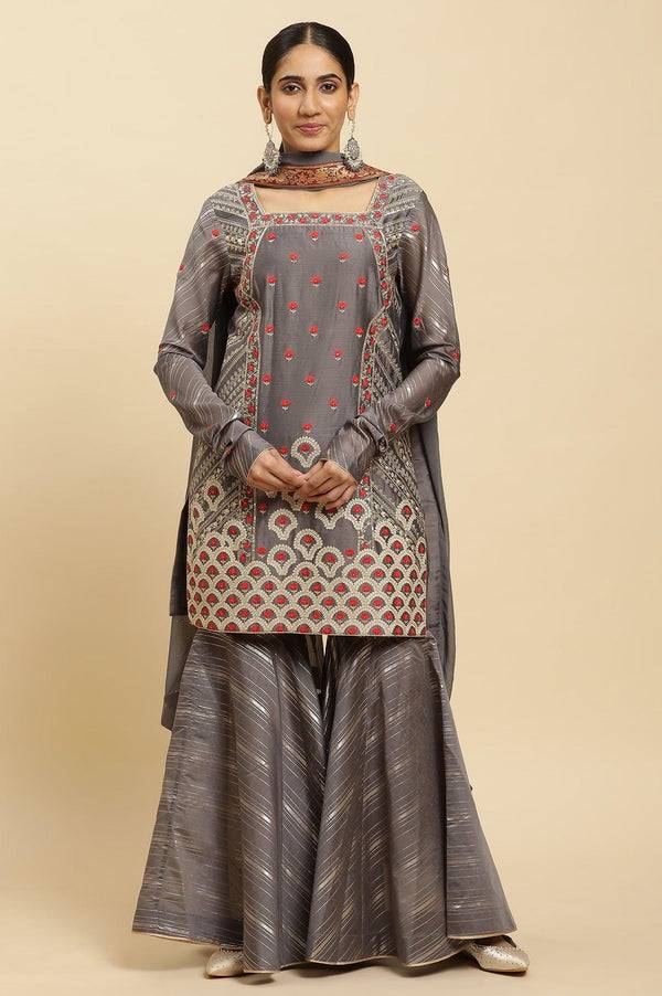 Light Grey Embroidered Heavy Festive Kurta And Sharara And Dupatta Set