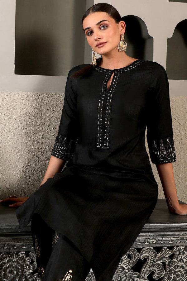 Black Embellished Kurta and Pants Co-ord Set with Keyhole Neck