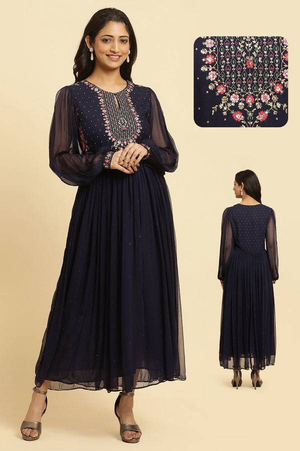 Navy Blue Chiffon Dress with Embroidered Yoke