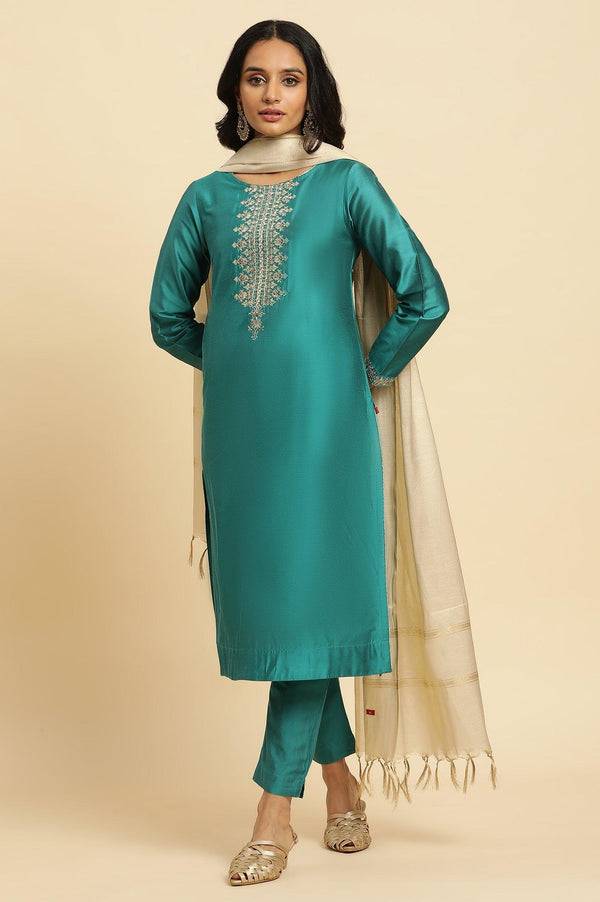 Teal Blue Zari Embroidered Straight Kurta, Pant And Dupatta Set