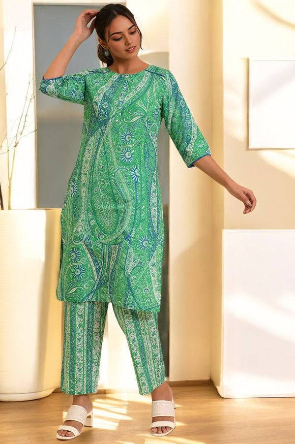 Green Paisley Print Play Pure Cotton Straight Kurta and Straight Pants Co-ord Set