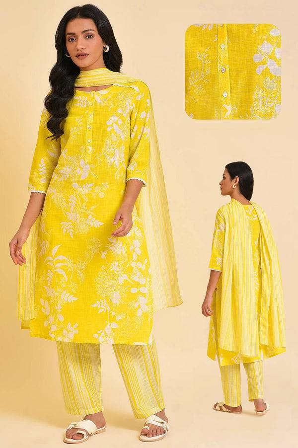 Yellow Floral Printed Pure Cotton Lace Kurta and Pants Set with Dupatta