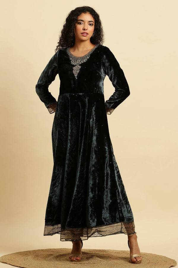 Green Velvet Embroidered Festive Dress