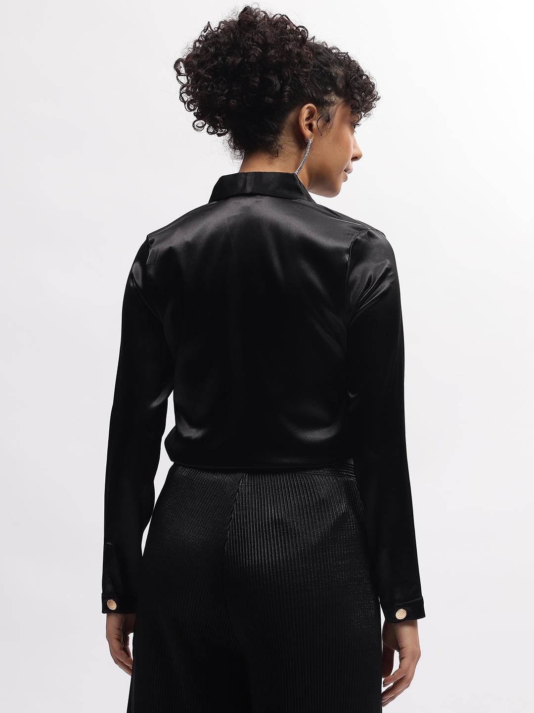 Centre Stage Women Black Solid Shawl Collar Full Sleeves Shirt