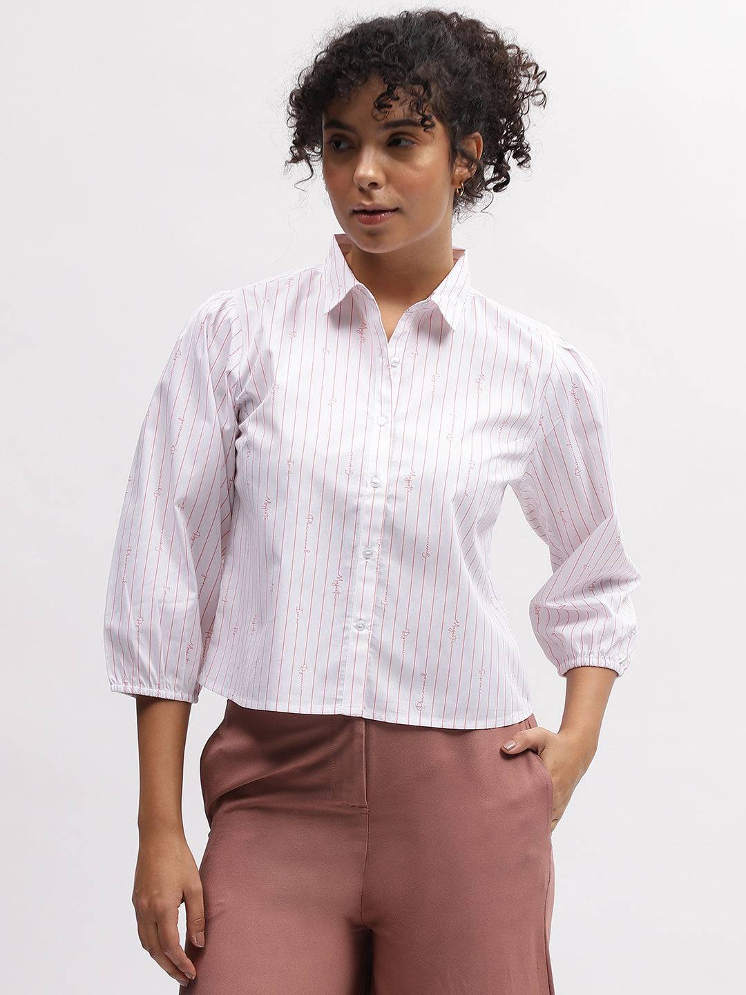 Iconic Women White Striped Spread Collar 3/4Th Sleeves Shirt