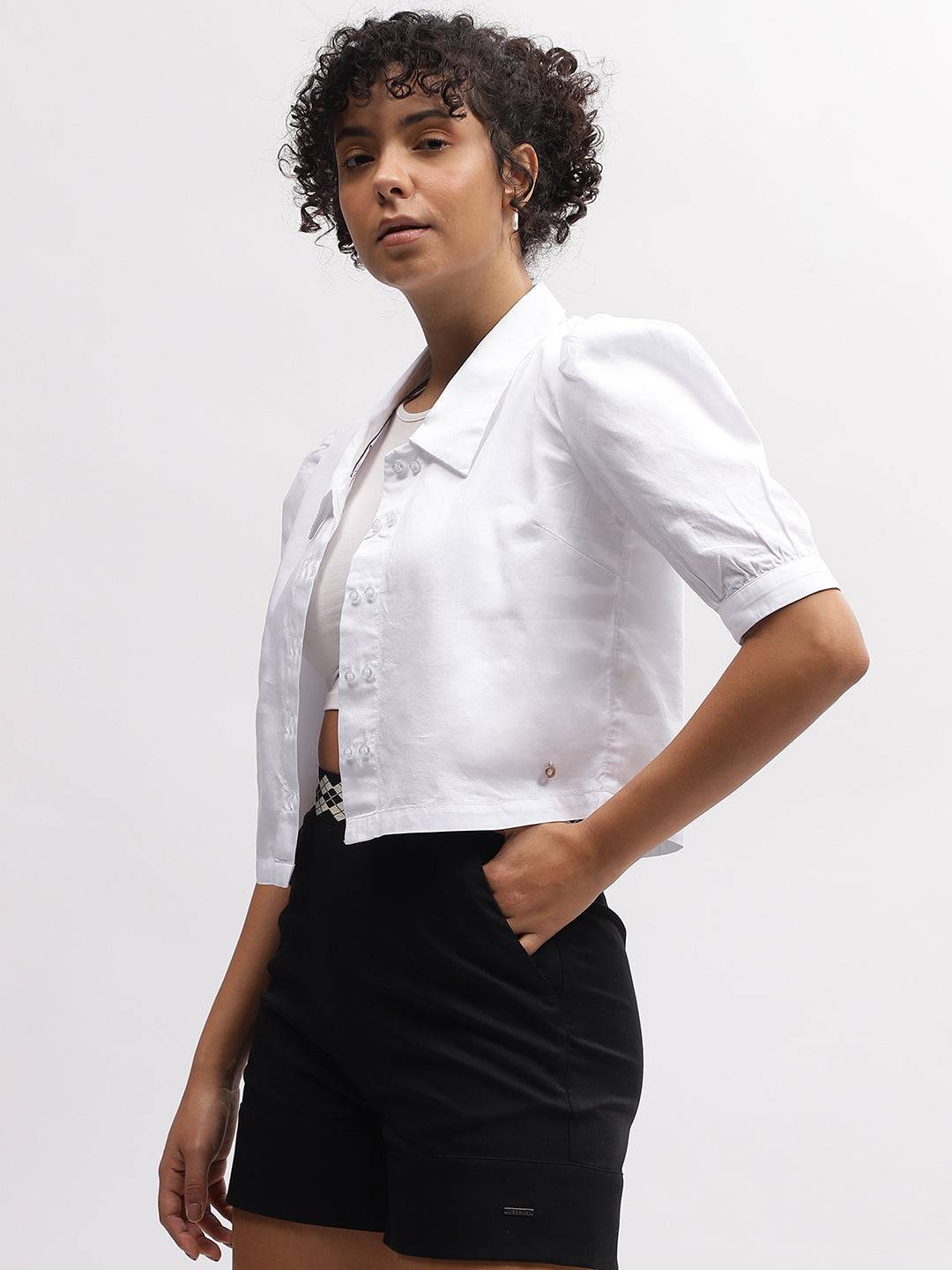 Iconic Women White Solid Spread Collar Short Sleeves Shirt