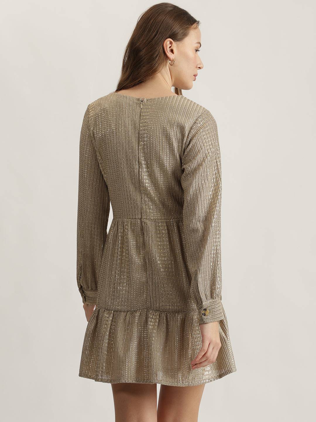 Centre Stage Women Gold Self Design V-Neck Full Sleeves Tiered A-Line Dress