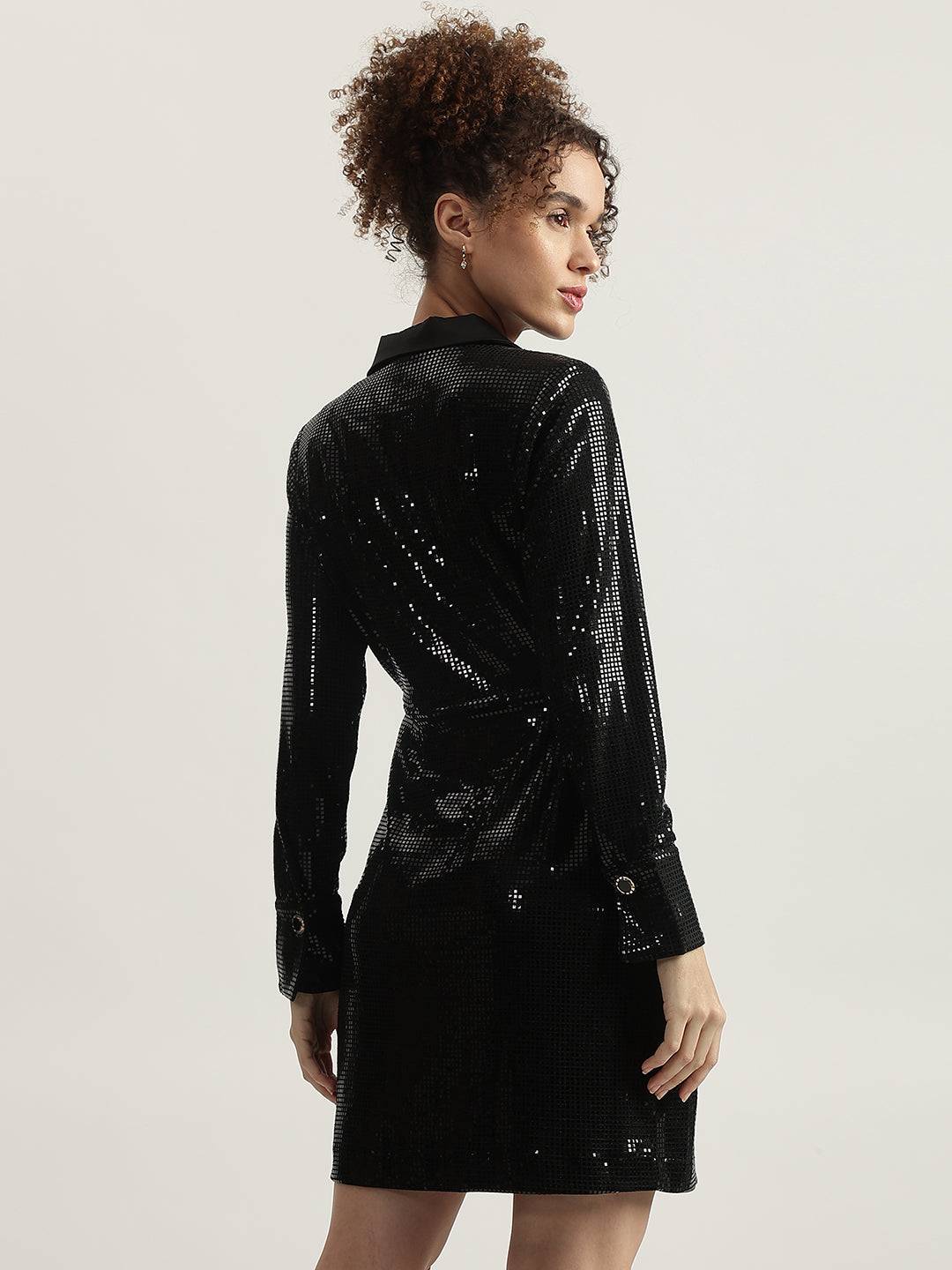 Centrestage Women Black Embellished Notched Collar Full Sleeves Bodycon Dress