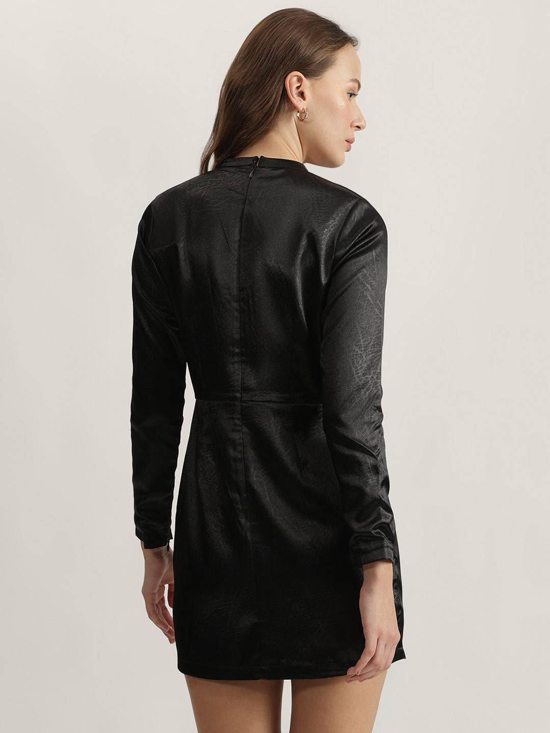 Elle Women Black Solid Mock Neck Full Sleeves Bodycon Dress