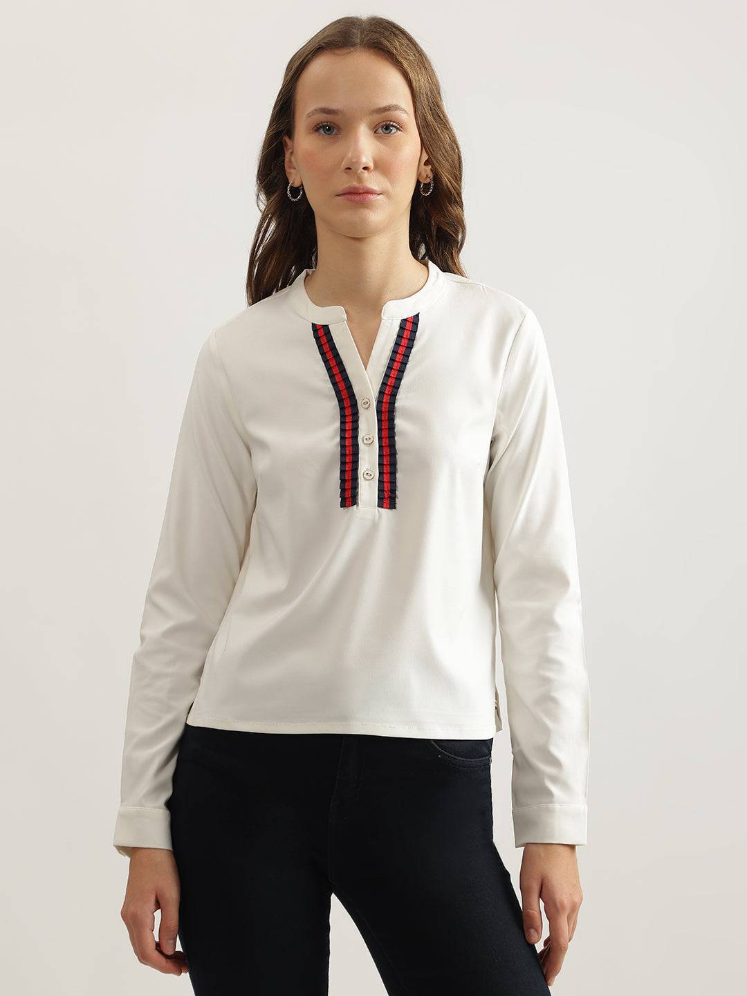 Iconic Women White Solid Band Collar Top