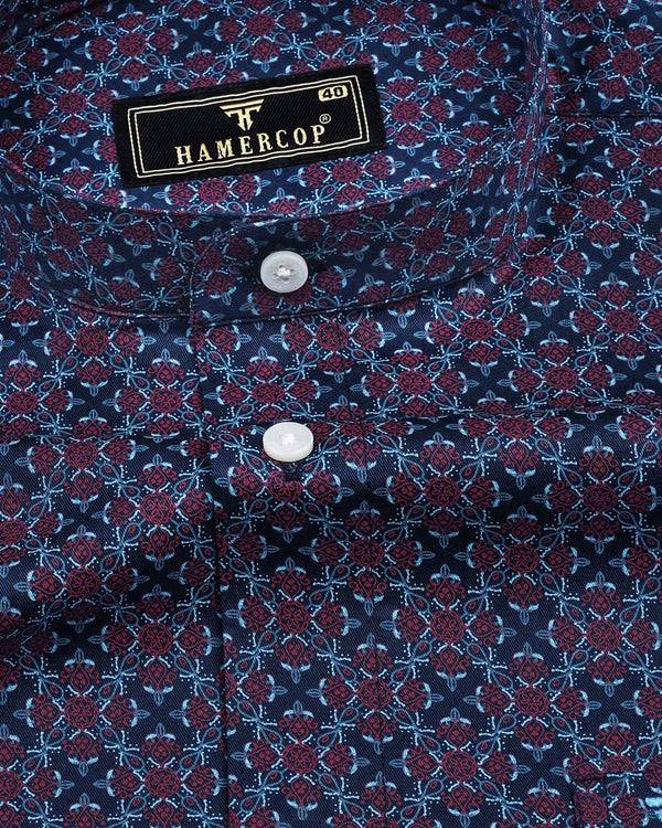 Coweta Blue With Maroon Folk Flower Printed Cotton Shirt