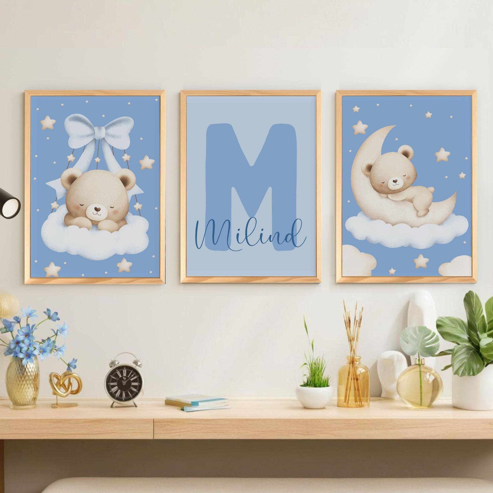 Personalized Name Wall Art Frame Set of 3 Home Decor (Sleeping Bear Blue) Buy @ ₹899