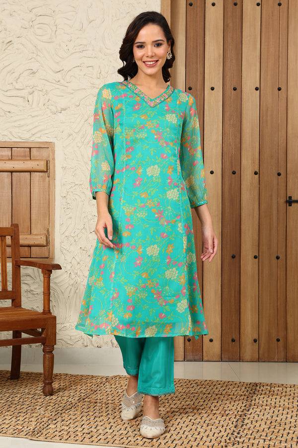 Teal Blue Floral Printed Embroidered Neckline Chiffon A-Line Kurta
