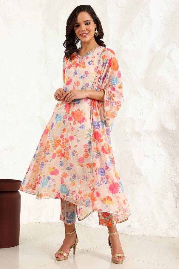 Cream Floral Printed Sequined Kota Flared Kurta, Pants And Dupatta Set