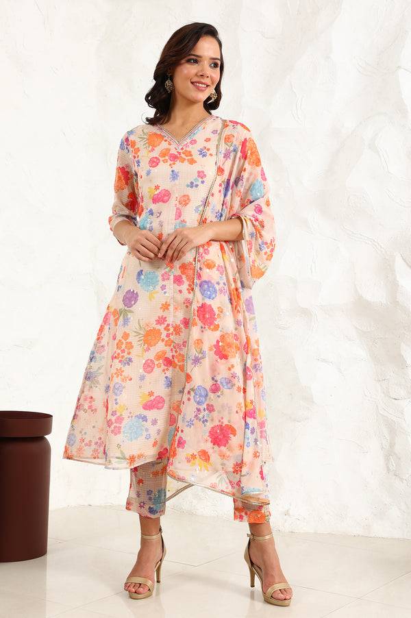 Cream Floral Printed Sequined Kota Flared Kurta, Pants And Dupatta Set