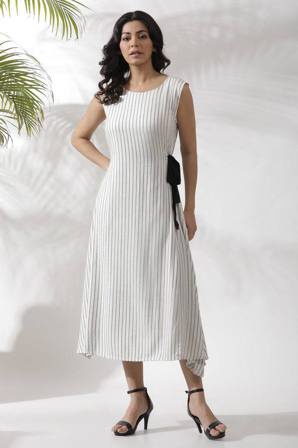 White Sleeveless Long Stripe Printed Cotton Dress