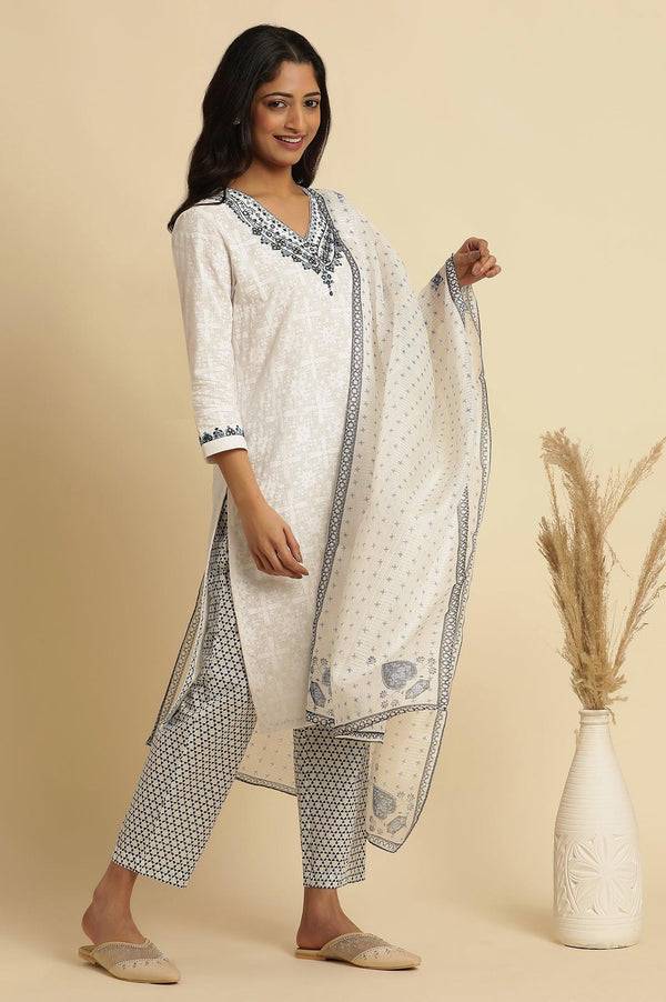White Khadi Printed Cotton Kurta, Pants and Dupatta Set