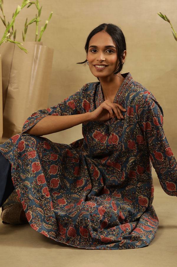 Blue & Red Block Print  V-Neck Panelled Kurta