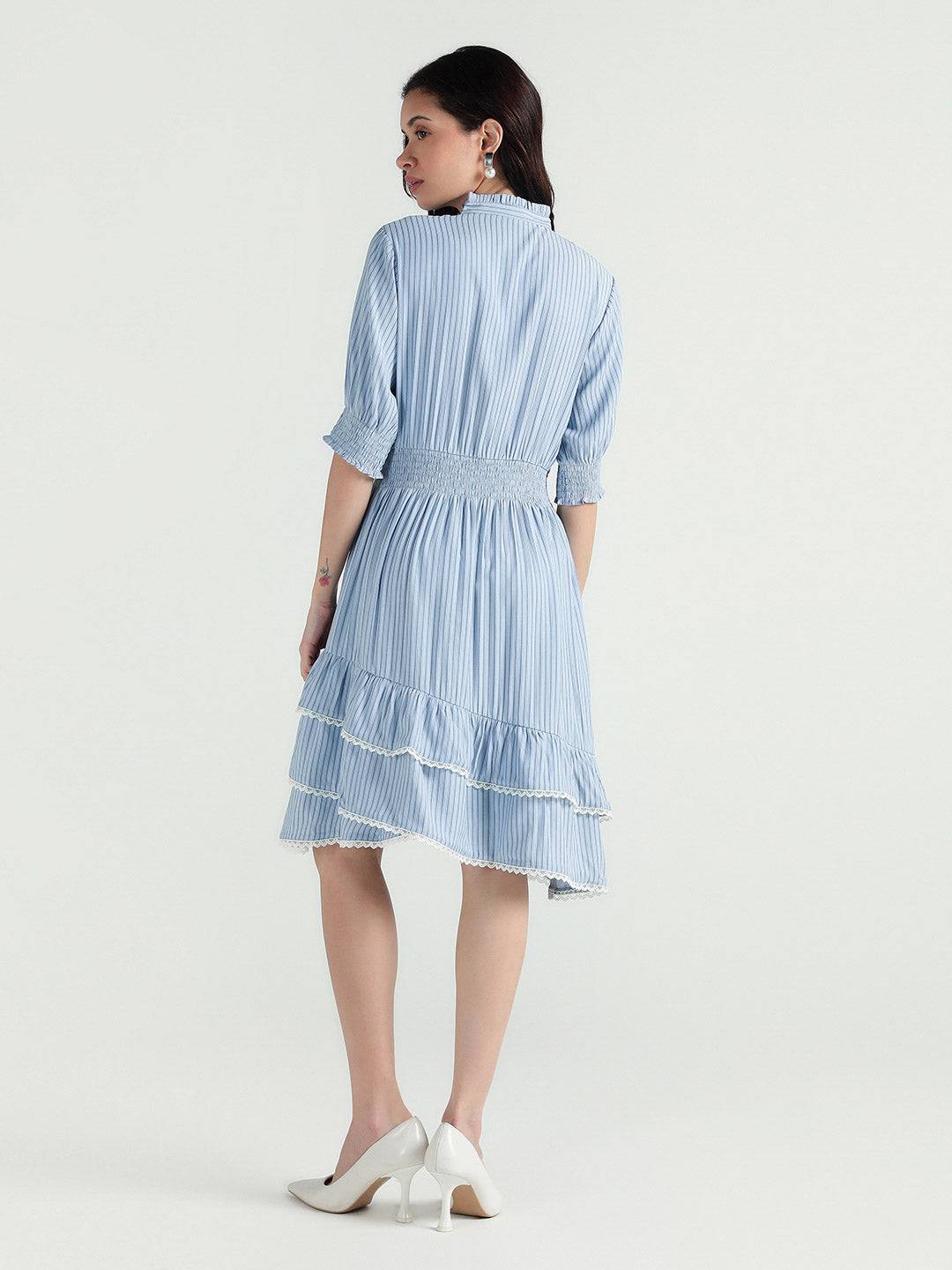 Elle Women Multi Striped Band Collar Dress
