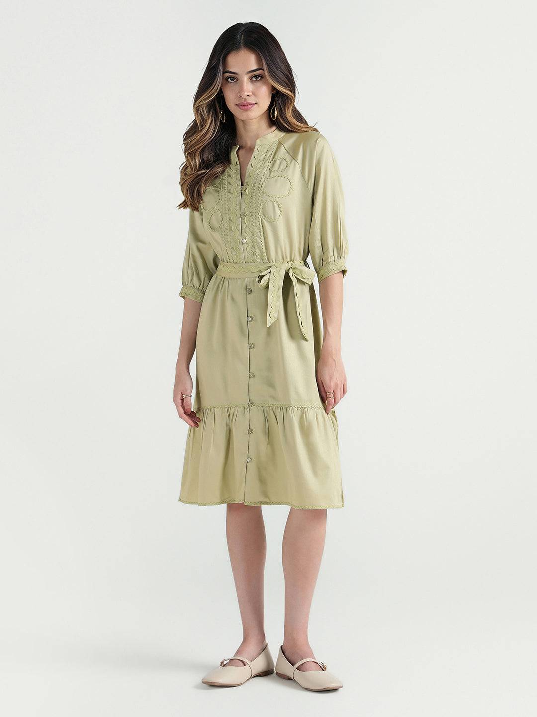 Elle Women Green Plain Band Collar Dress