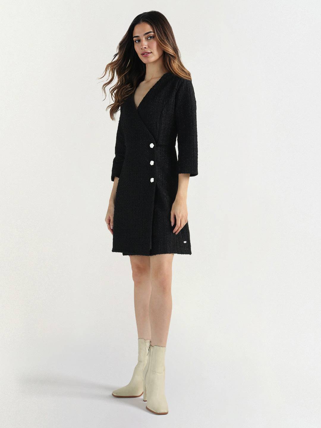 Elle Women Black Solid V Neck Dress