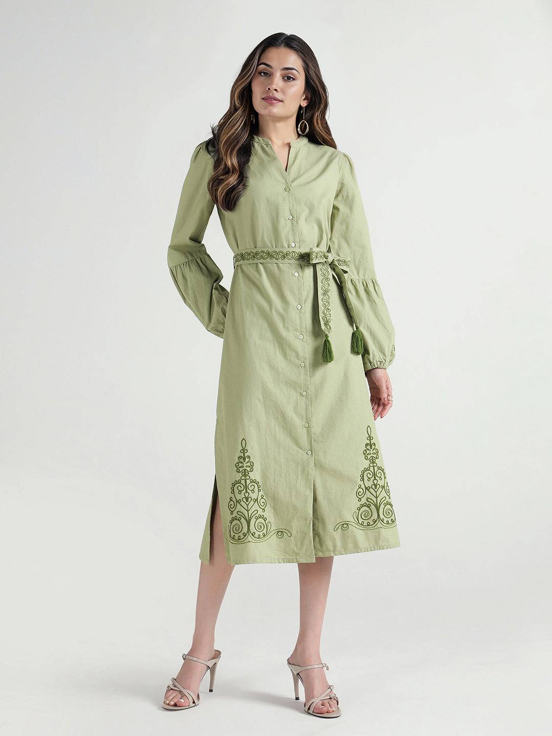 Elle Women Green Embroidered Band Collar Dress