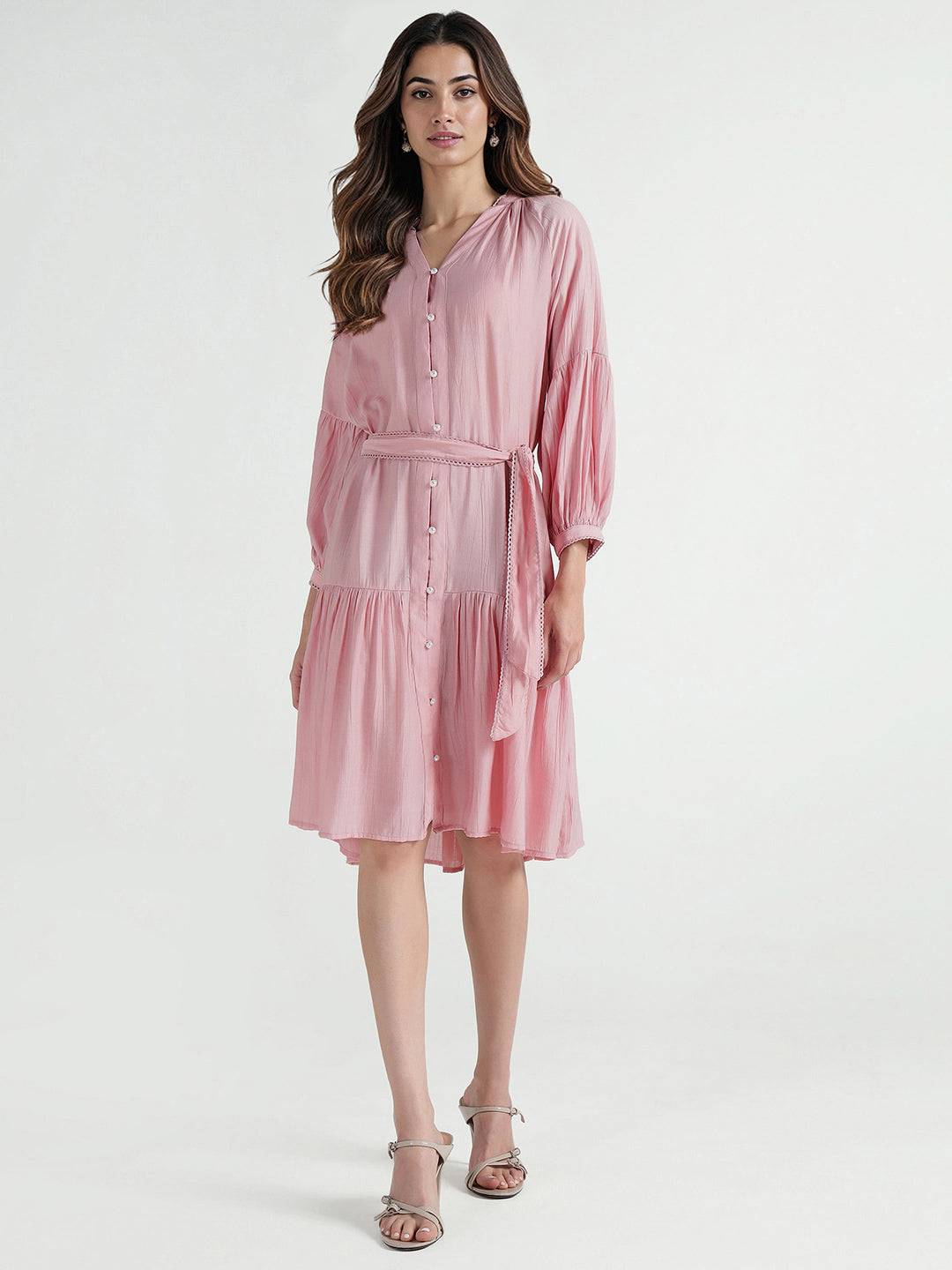 Elle Women Pink Plain Band Collar Dress
