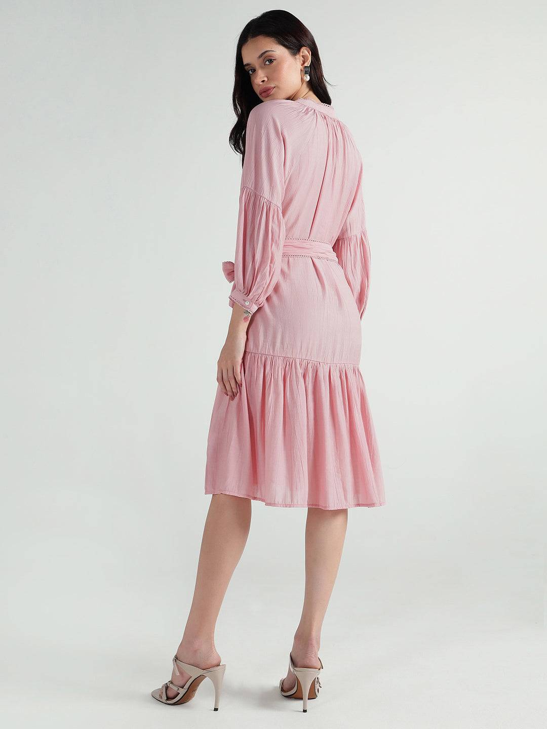 Elle Women Pink Plain Band Collar Dress