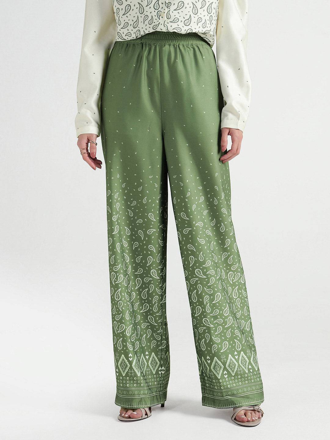 Elle Women Green Regular Fit Printed Trouser