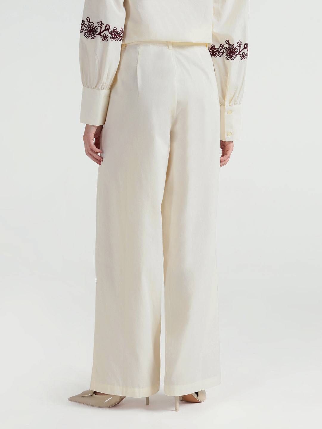 Elle Women Cream Fit And Flare Embroidered Trouser
