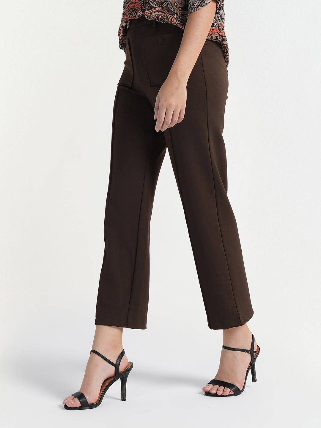 Elle Women Brown Regular Fit Solid Trouser