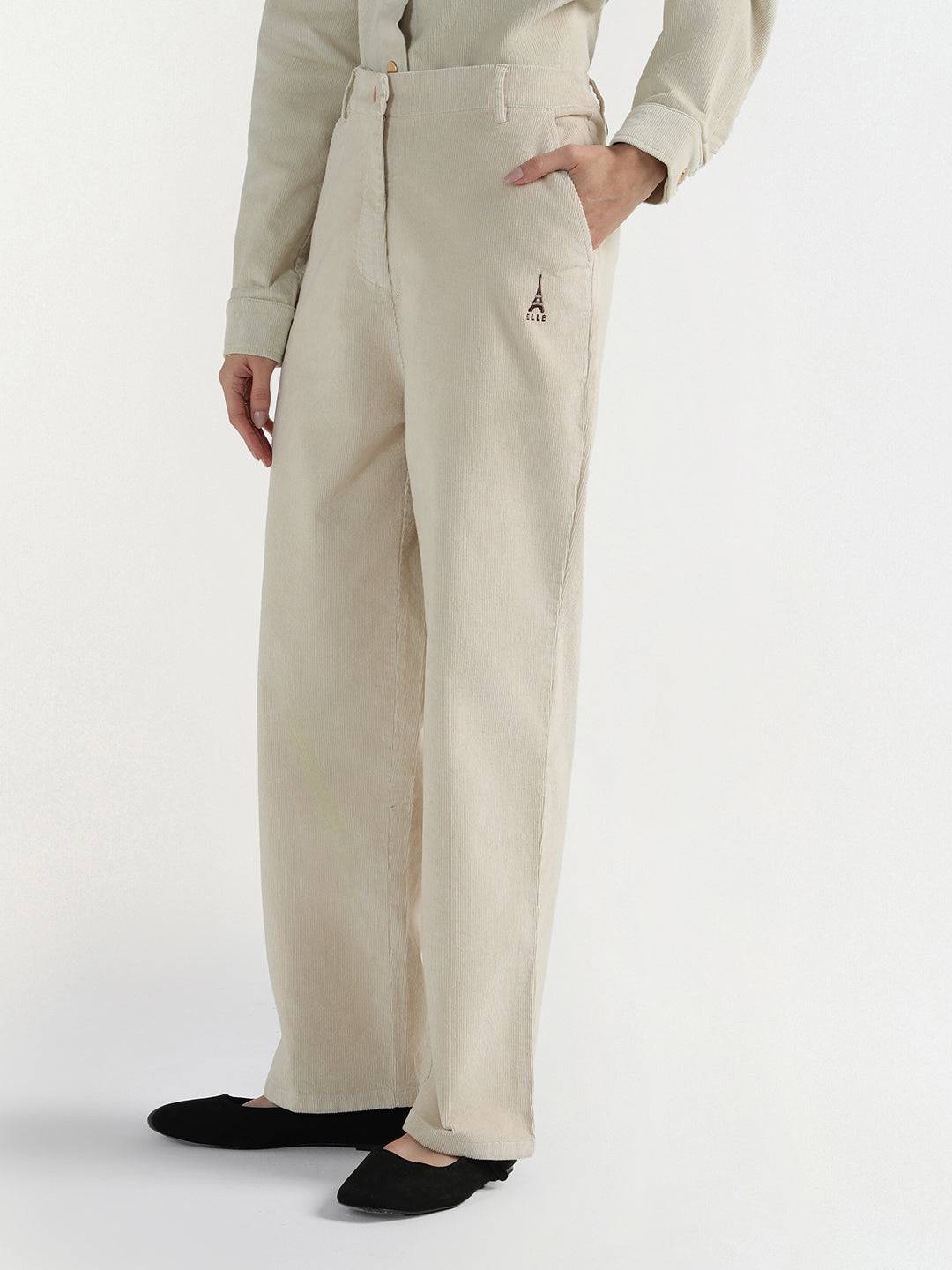 Elle Women Cream Regular Fit Solid Trouser