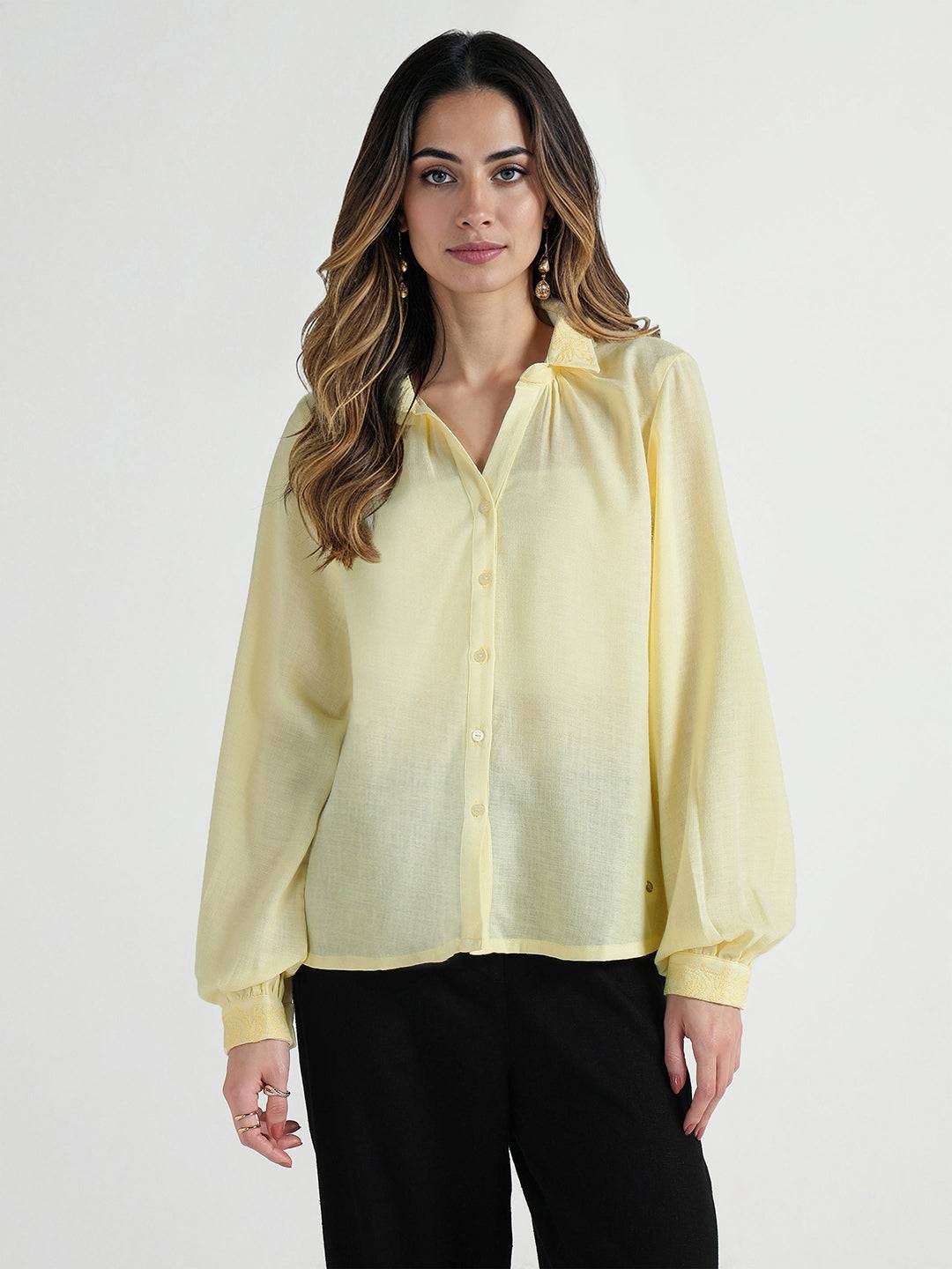 Elle Women Yellow Embroidered Collar Shirt