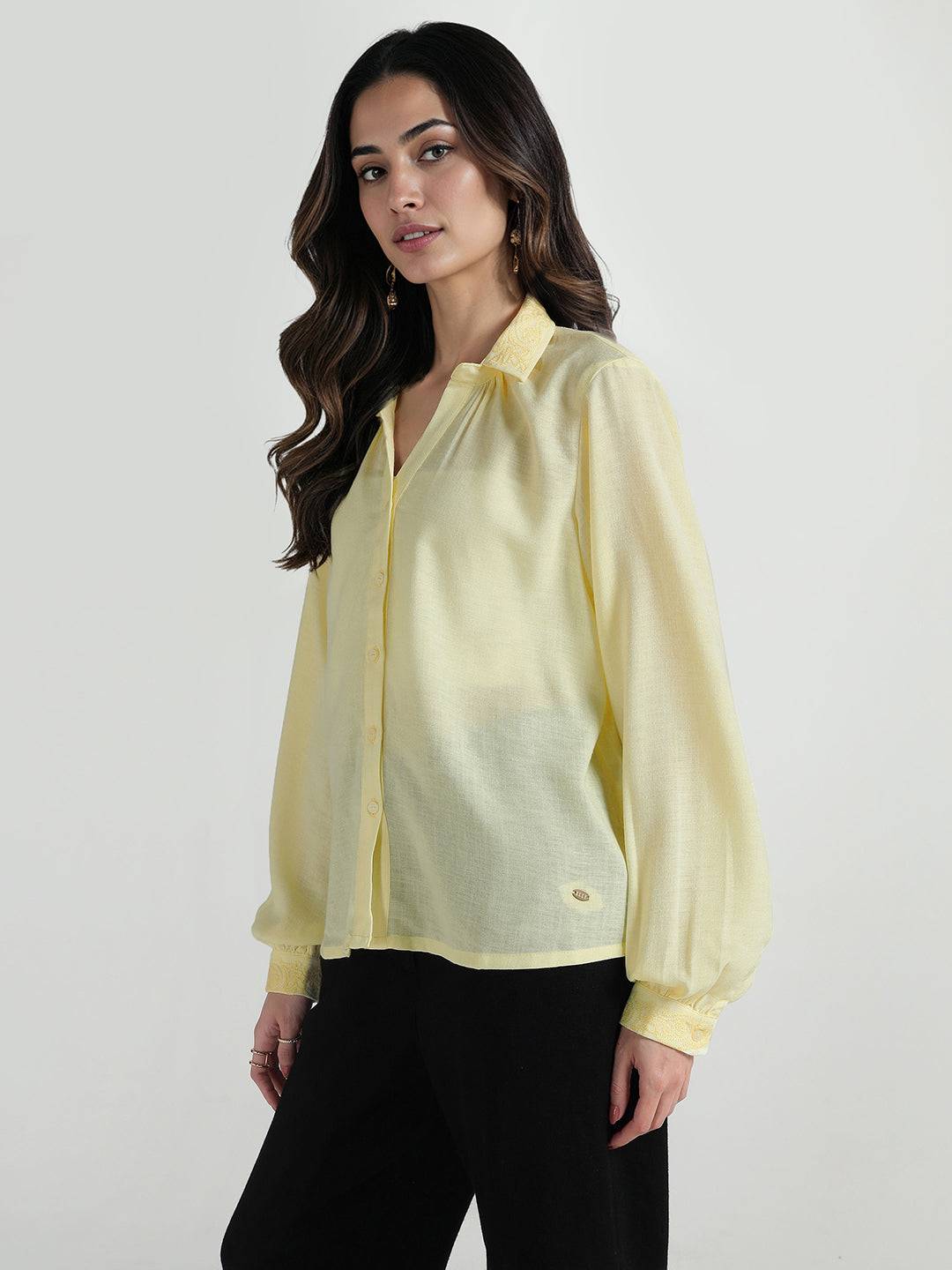 Elle Women Yellow Embroidered Collar Shirt