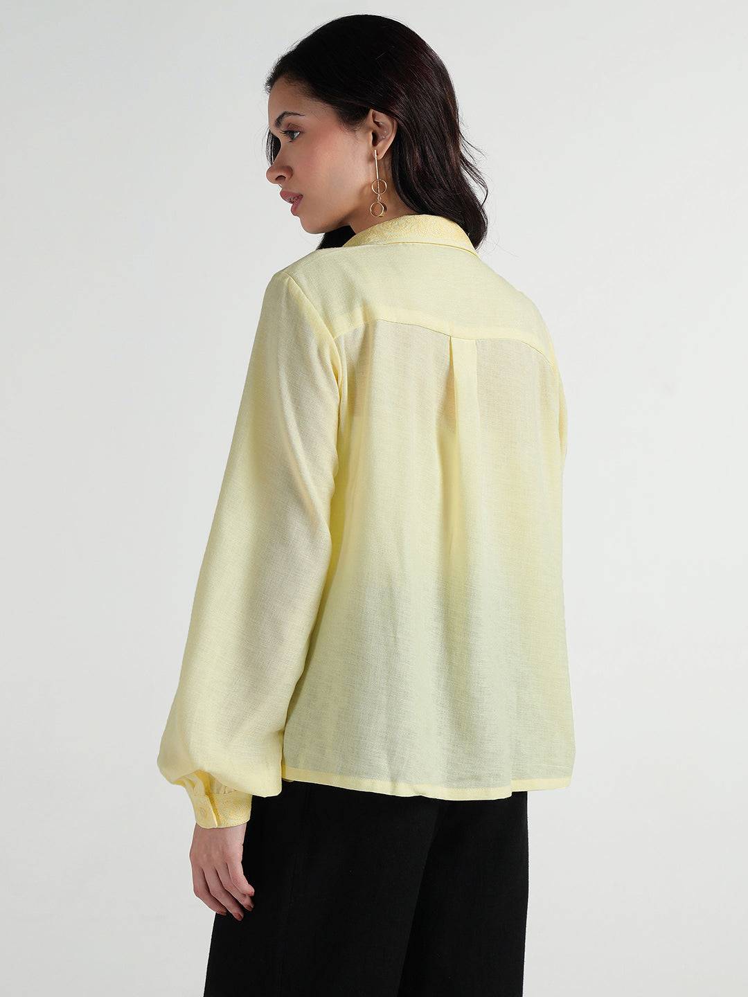 Elle Women Yellow Embroidered Collar Shirt