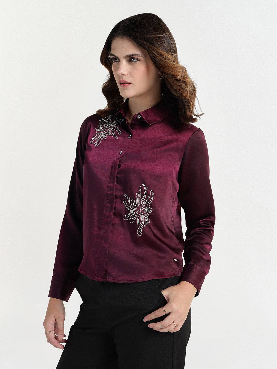 Elle Women Red Embellished Collar Shirt