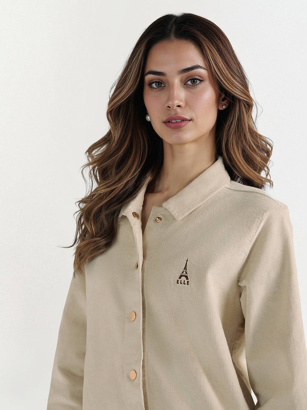 Elle Women Cream Solid Collar Shirt