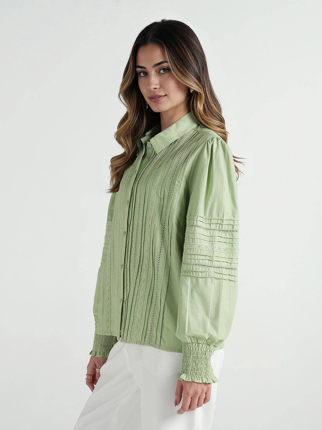 Elle Women Green Solid Collar Shirt