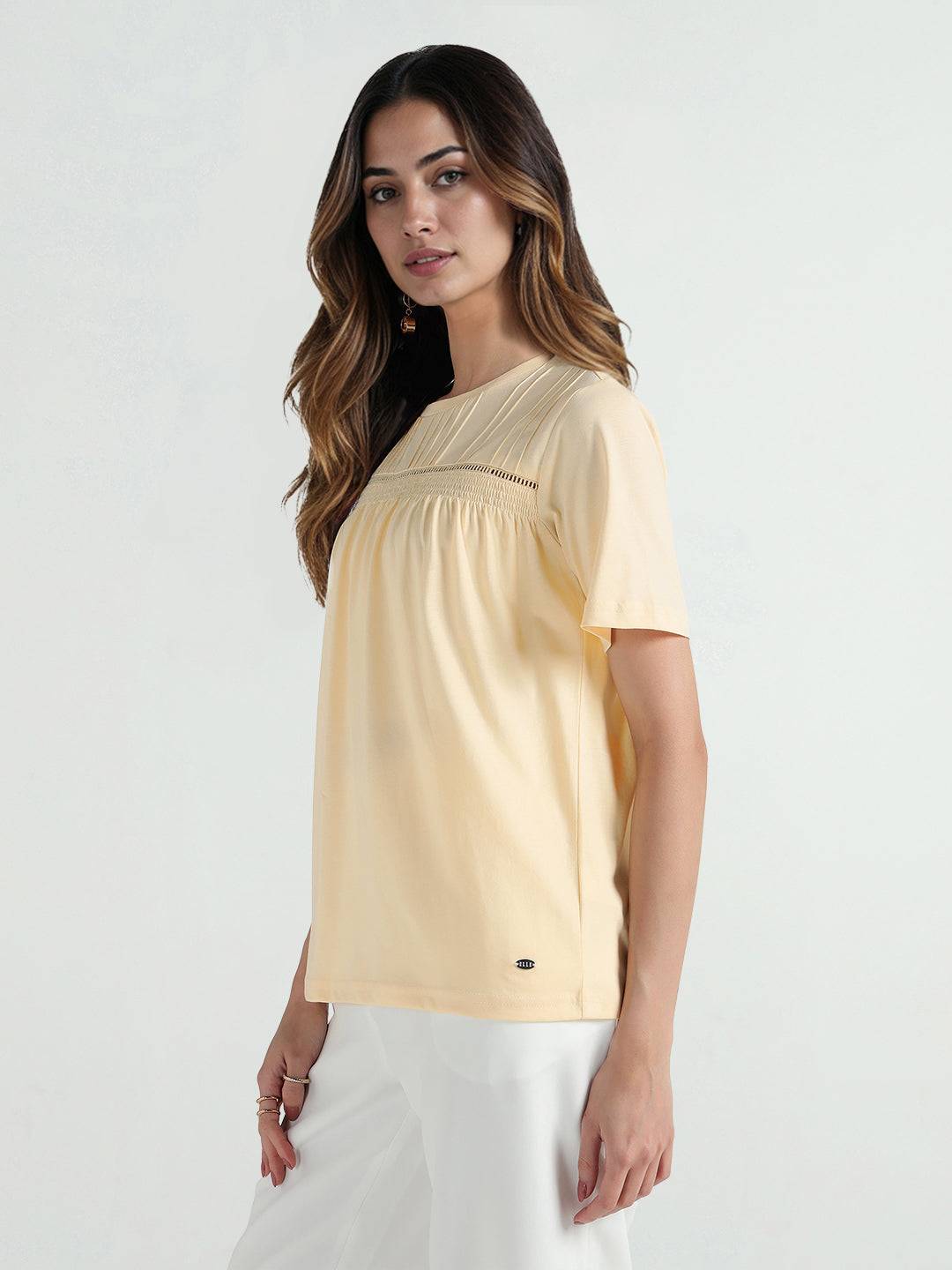 Elle Women Yellow Solid Round Neck Tshirt