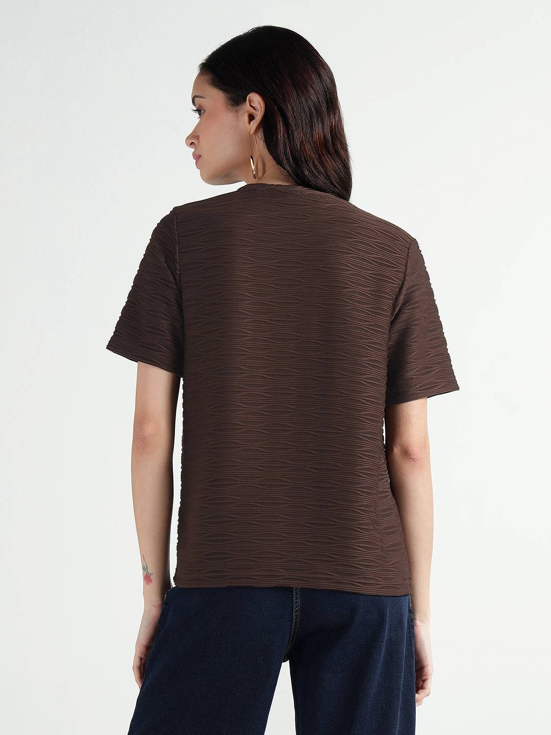 Elle Women Brown Textured Crew Neck Tshirt