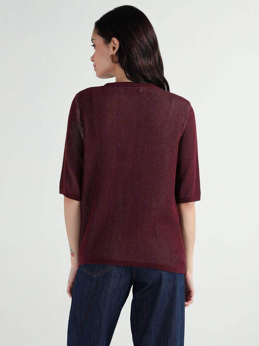 Elle Women Red Knitted Round Neck Tshirt