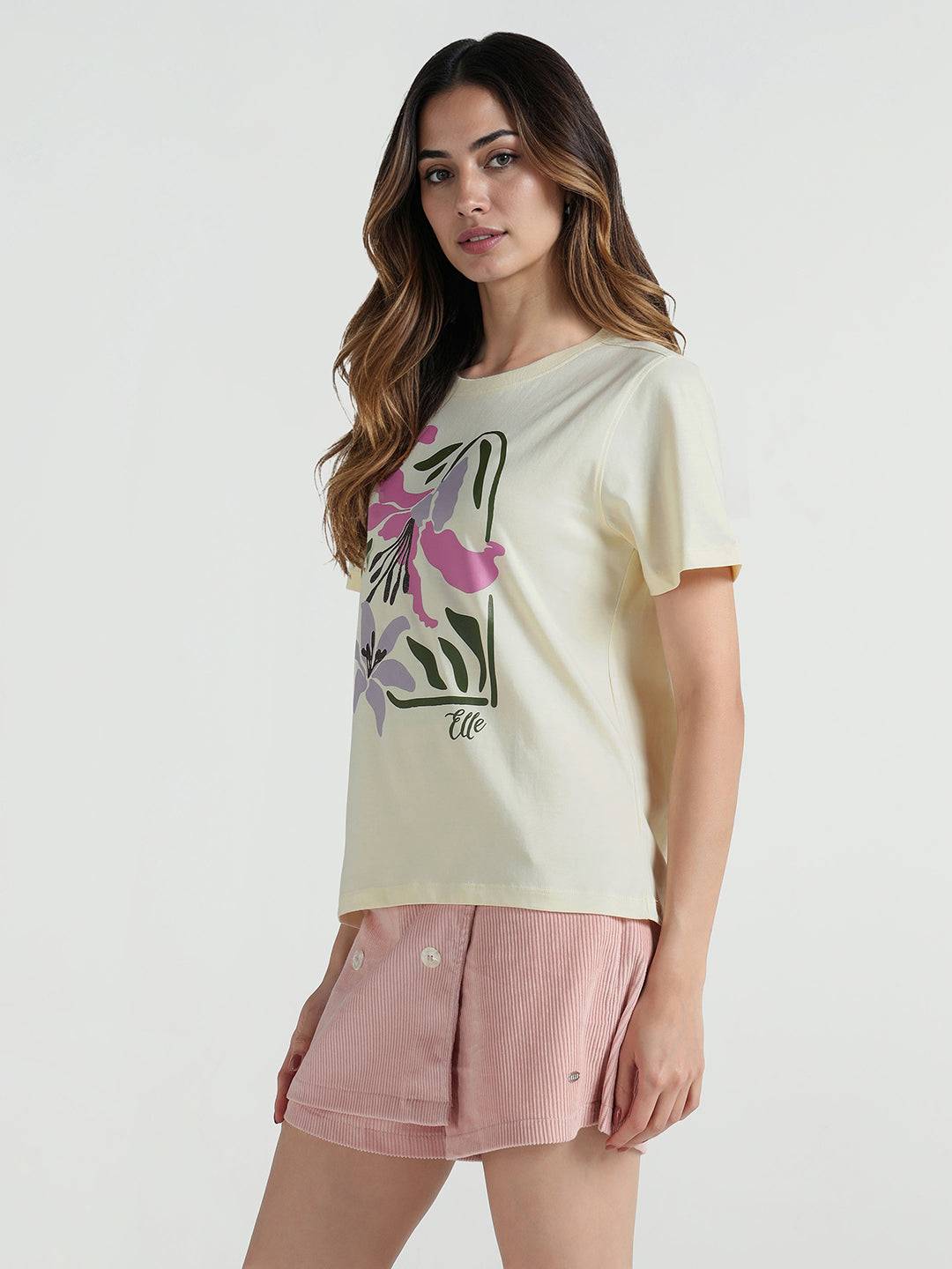 Elle Women Cream Printed Crew Neck Tshirt