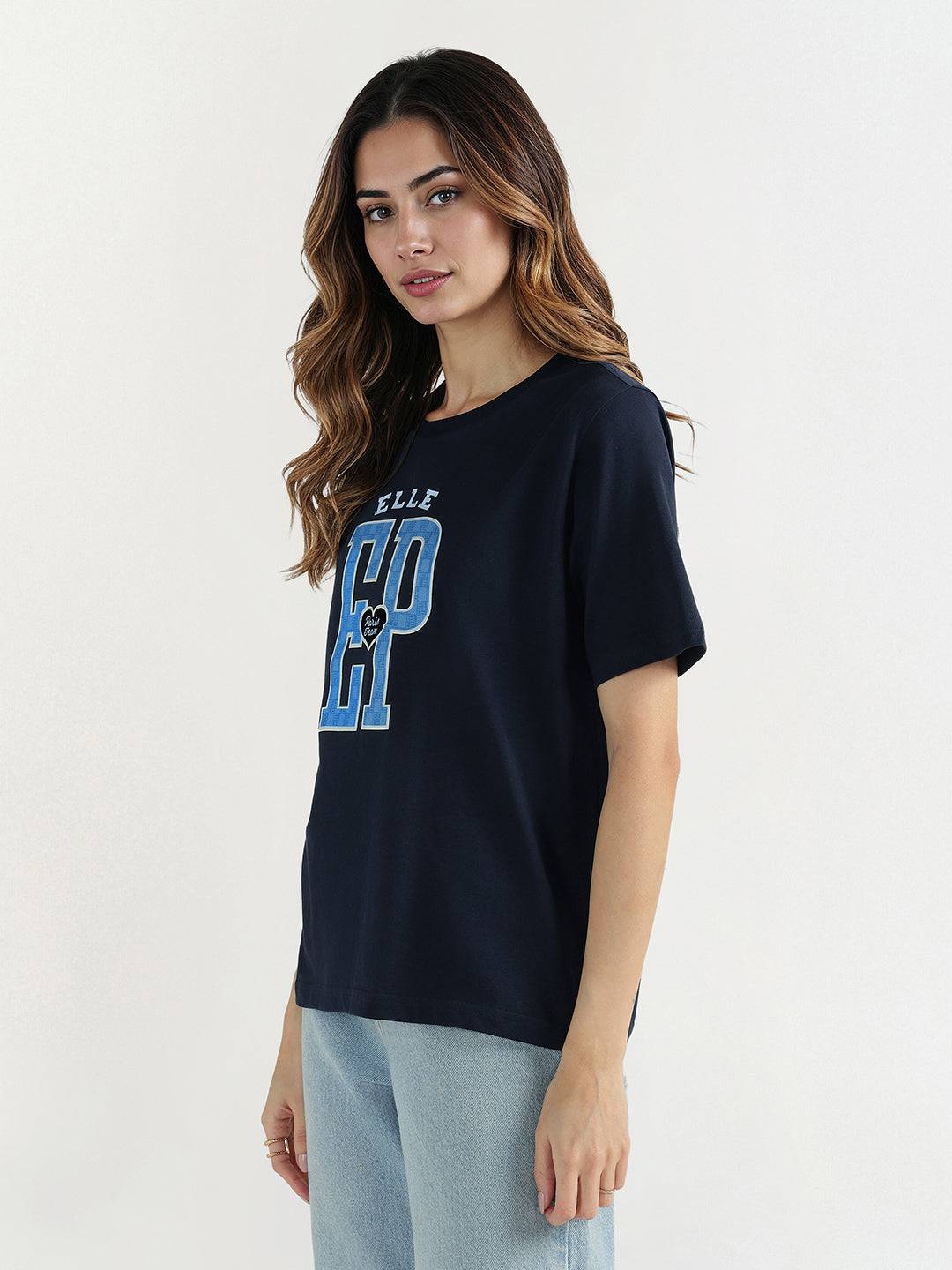 Elle Women Blue Graphic Crew Neck Tshirt