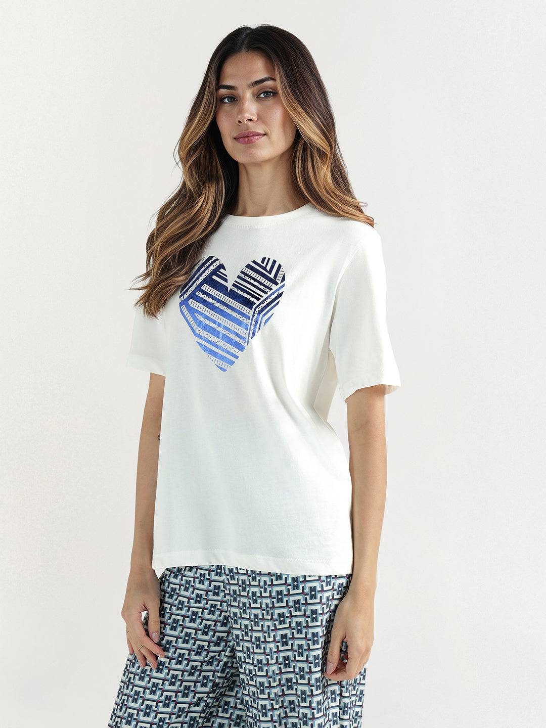 Elle Women White Graphic Crew Neck Tshirt